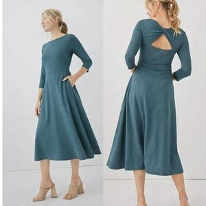 PACT Fit&Flare Midi Party Dress Small Teal Long Sleeve Open-Back Organic Cotton